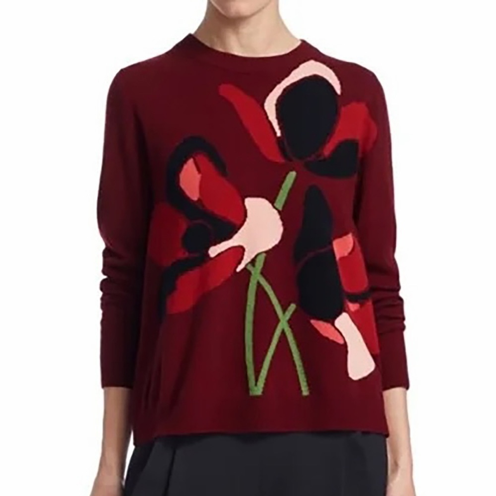 Akris Punto Magnolia Floral Print Wool Cashmere Sweater Burgundy Red 4